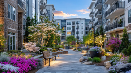 Fototapeta premium Elegant multifamily residential development with warm brick exteriors, white siding accents, and landscaped grounds with benches, soft afternoon lighting enhancing texture and colo