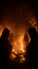 Mysterious figures in hooded robes gather in a candlelit stone chamber, their presence hinting at an ancient ritual or secret meeting.