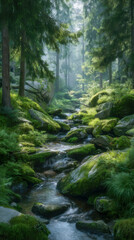 Fototapeta premium stream winds through a lush, moss-covered forest, with soft light filtering through tall trees and creating a peaceful, untouched atmosphere in nature