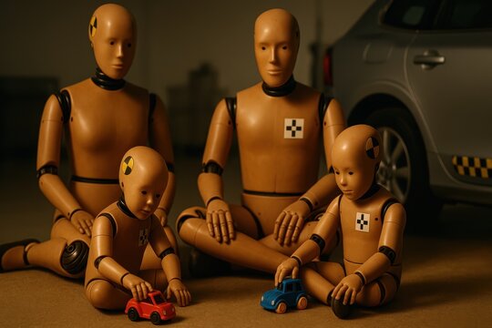Crash test dummy family playing with toy cars