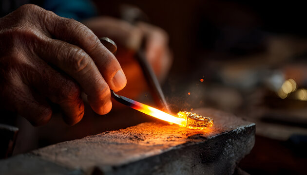 Slow motion macro close up of experienced goldsmith heating a precious metal for making a handmade jewelry in a workshop