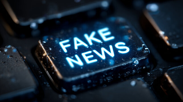 Extreme close-up of keyboard key with glowing "FAKE NEWS" letters, reflections on polished key edges, dark background enhancing ominous and cautionary message