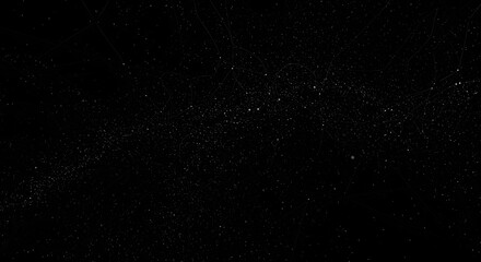 Sparse dots and lines float against a black backdrop, creating an abstract, celestial pattern