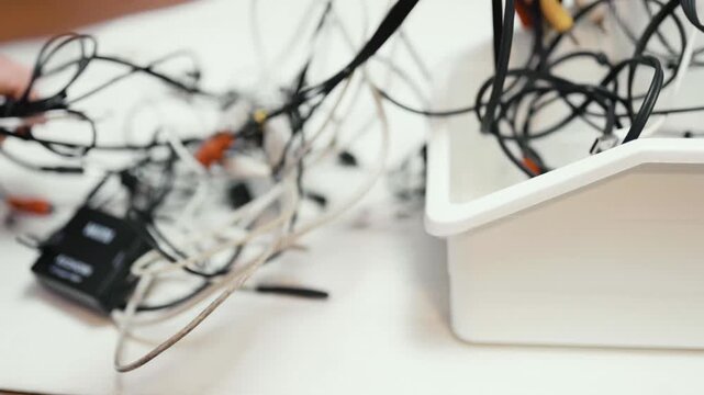 Tangled cords and cables on a table.