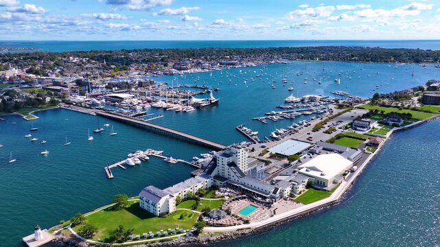 Goat Island aerial view including Goat Island Marina and Goat Island Lighthouse in Narragansett Bay, Newport, Rhode Island RI, USA. 