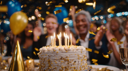 Soft-focus scene of adults cheering around birthday cake with flickering candles, table decorated with party items, golden sparks and confetti floating mid-air, cinematic festive v