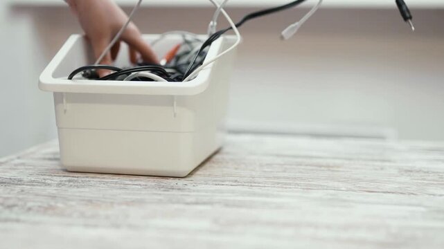 Tangled cords and cables on a table.