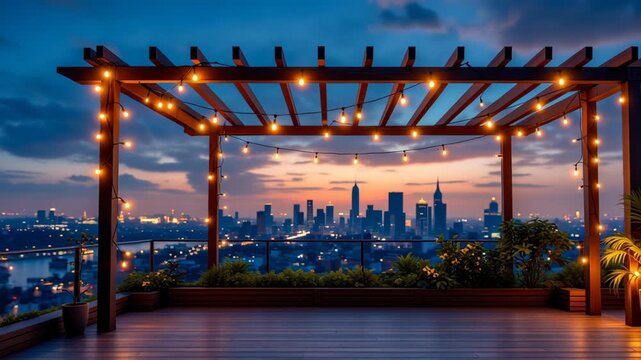 Rooftop terrace with wooden pergola, string lights, city skyline, sunset sky, cozy evening atmosphere, urban plants, outdoor relaxation