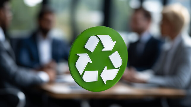 Green recycle icon floating mid-air over conference room table, blurred coworkers in discussion behind, sunlight streaming through windows, symbolizing teamwork and sustainability - Powered by Adobe