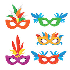 Obraz premium Set of beautiful carnival masks for parties in cartoon style. Vector illustration of festival masks with feathers, rhinestones, patterns isolated on white background. Mardi Gras. Brazilian, Venetian.