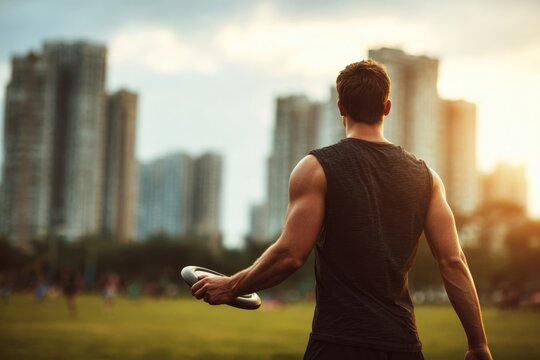 Man holding frisbee preparing to throw in urban park sunset