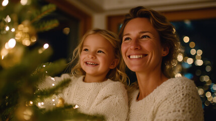 Parent adjusting daughterâs position to reach top of tree, both smiling, Christmas tree adorned with lights and decorations in soft focus, warm indoor glow emphasizing joy