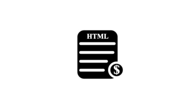 Black HTML document icon with dollar sign html code. 4k video icon animation.