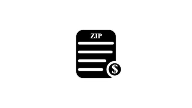 Black document icon with ZIP text and dollar sign. 4k video icon animation.