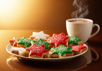 Golden light shines on festive cookies decorated in red green white icing, sugar sprinkles glowing, steaming cocoa creating warm sweet holiday cheerful moment