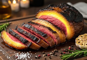 Charred picanha steak slices arranged neatly across rustic board with fat cap glowing golden under warm light reflecting culinary mastery and texture