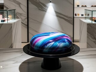 Galaxy-inspired mirror glaze cake with swirling cosmic patterns gleaming under spotlight on display in a refined marble boutique styled with modern luxury