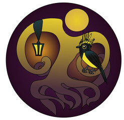 A sultan tit bird, Melanochlora sultanea, sitting on a branch of a crooked tree with a lantern hanging on a branch and moon in the night sky. Vector drawing. 