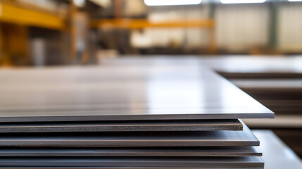 Stack of Metal Sheets in Factory: Precisely cut metal plates are neatly stacked in a factory setting. Industrial storage of materials awaiting manufacturing.