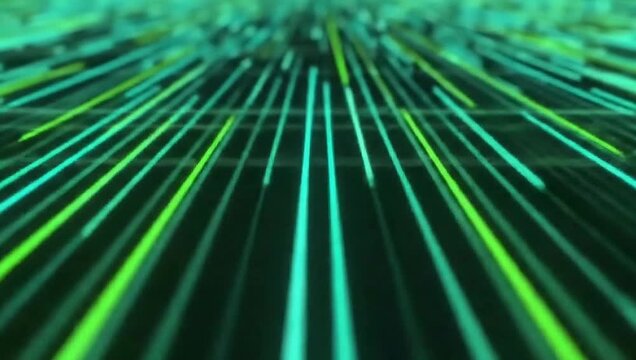Animation of a futuristic digital highway with glowing green and cyan light streaks. Seamless data stream loop.