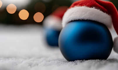 Festive blue Christmas ornaments nestled in snow, topped with traditional red and white hats, creating a cheerful winter holiday scene.