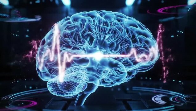 Animation of a glowing digital brain with a vital signs waveform. AI and healthcare technology concept.
