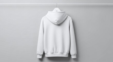 Plain white hoodie hanging on a hanger, isolated on white background