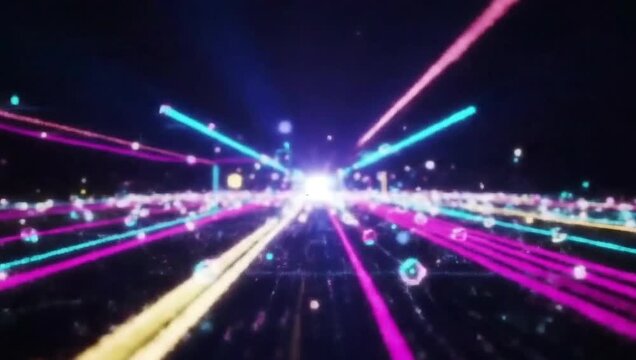 Fly-through animation of a futuristic digital highway with glowing light streaks. Seamless loop.