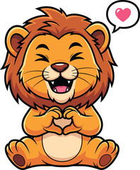 Adorable cartoon lion cub sitting and making a heart shape with paws expressing love vector illustration