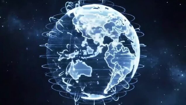 Animation of a rotating holographic Earth globe in a starry space. Global network and technology concept.