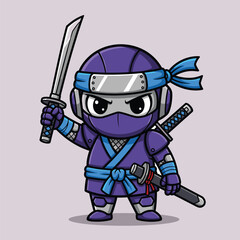 Adorable chibi ninja warrior in purple holding two sharp swords ready for action vector illustration