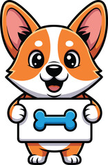 Adorable cartoon corgi puppy holding a sign with a blue dog bone icon vector illustration