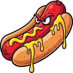Angry cartoon hot dog with dripping mustard and a fierce expression vector illustration