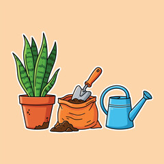 Gardening essentials a potted snake plant soil bag and watering can illustration vector illustration