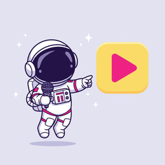 Cute astronaut holding microphone points to play button icon in space illustration vector illustration