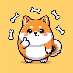Adorable shiba inu dog giving thumbs up surrounded by floating dog bones vector illustration