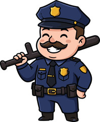 Chubby cartoon police officer with a big mustache holding a baton happily vector illustration