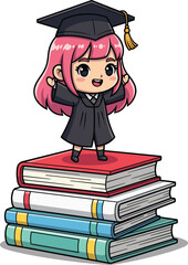 Adorable chibi graduate girl in cap and gown standing proudly on a stack of books vector illustration