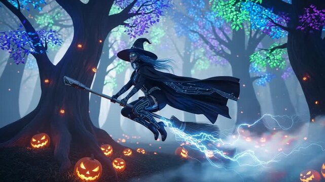 Cyberpunk witch flying on a broomstick over a halloween pumpkin patch