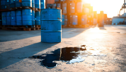 Blue barrels leak black liquid onto concrete floor. Industrial area with stacked drums, sunlight shines on spill. Chemical hazard, waste material, oil substance.