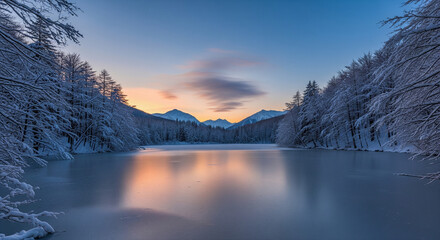 lake in winter with snow covered trees