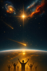 Naklejka premium People witnessing a radiant heavenly sign above the earth with glowing stars galaxies and falling lights expressing wonder faith hope unity and the miracle of the heavens over humanity
