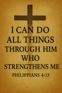 Simple christian scripture poster with wooden cross and inspirational message from philippians 4 13 on warm parchment background for faith strength and encouragement religious wall decor
