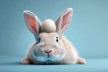 Obraz premium Cute bunny rabbit with speckled Easter egg on its head against a light blue background
