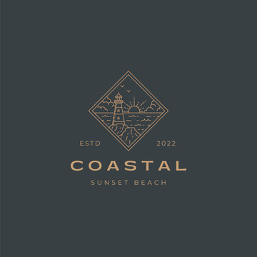 Elegant coastal lighthouse logo on sunset beach, serene ocean view, established 2022, perfect for travel agency branding and vacation rentals
