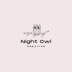 Charming night owl logo design perched on branch for creative brand identity or whimsical stationery projects, perfect for children's books or nature designs