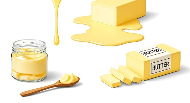 Delicious Dairy Butter Creations From Spoonfuls to Slices Melting on a White Background