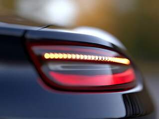 Obraz premium Close-up of a car's taillight, featuring a sleek design with a row of bright LED lights. The image has a shallow depth of field, focusing on the lights.