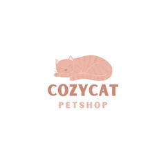 Charming cozy cat pet shop logo design with a sleeping tabby cat, perfect for branding your animal business or veterinary practice with a cute, modern style