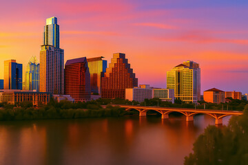 Fototapeta premium Colorful city skyline at sunset beside a calm river with bridge reflections vibrant clouds and modern towers creating a bright urban travel scene for downtown architecture and evening tourism
